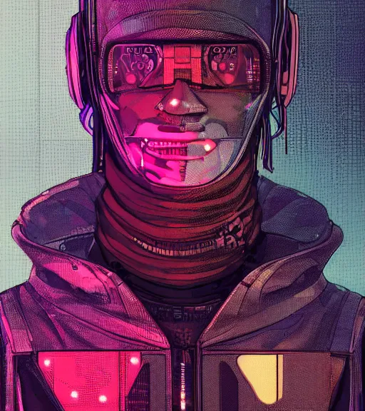 Image similar to a cyberpunk man with a glitching face, techwear, Industrial Scifi, detailed illustration, character portrait, by Martin Grip and Moebius