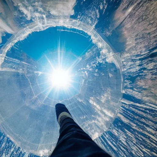 Image similar to pov without fisheye distortion of a giant looking down the earth from above the earth atmosphere