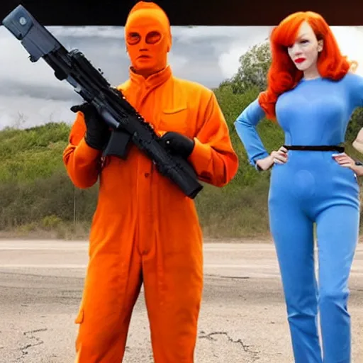 Image similar to vince vaughn as jack fenton, he is wearing an orange coveralls bodysuit with a big sci - fi gun belt, and christina hendricks as maddie fenton, she is wearing a tight teal coveralls bodysuit with a big sci - fi gun belt, movie photo, spooky netflix still shot, they are looking for ghosts