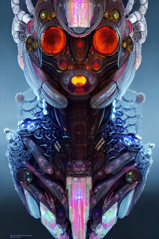 Image similar to asura from chinese myth, ghost, gorgeous and huge head ornaments, dystopian, cyberpunk, organic fractal mycelum and fungi, mecha, halfturn portrait of a big crystal face made of crystals half - turn, ominous, intricate, studio, art by anthony macbain + greg rutkowski + alphonse mucha, concept art, 4 k, sharp focus