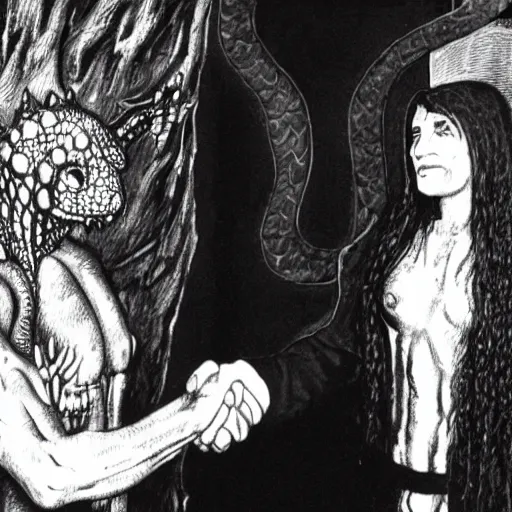 Image similar to A lizard person shaking hands with a religious icon, horror, black metal