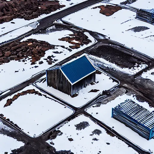 Image similar to abandoned mine and crates full of supplies buried in snow::2 snowy region on coast of Iceland, aerial drone perspective, top down view ::1 sattelite image of snow from 250 meters height, some coal boxes and barrels are covered in snow, old mine remains :: 1 post apocalyptic, snowstorm ::5