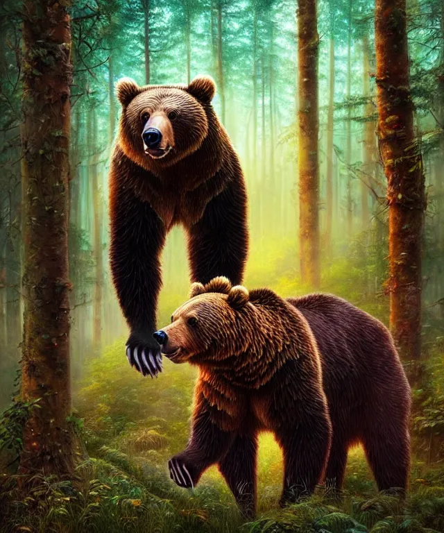 Image similar to a realistic brown bear, walking through a psychedelic forest, wide angle landscape shot, pixar style by tristan eaton, artgerm and tom bagshaw