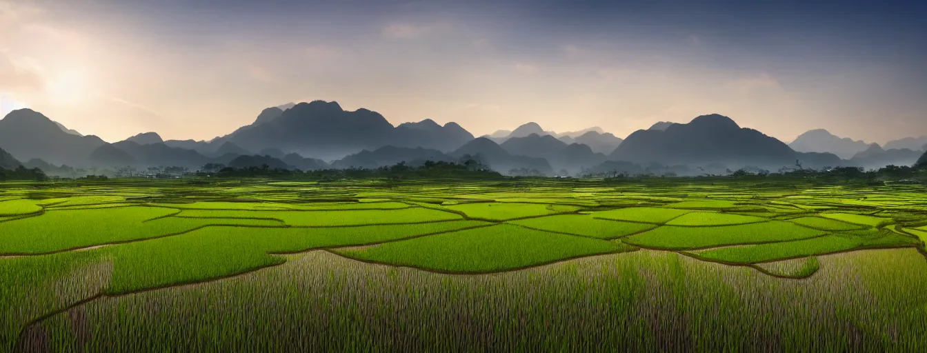 Image similar to Photo of paddy field of Yan, with several village and gunung jerai mountain at the background, wide angle, volumetric light, hyperdetailed, light water, artstation, cgsociety, 8k