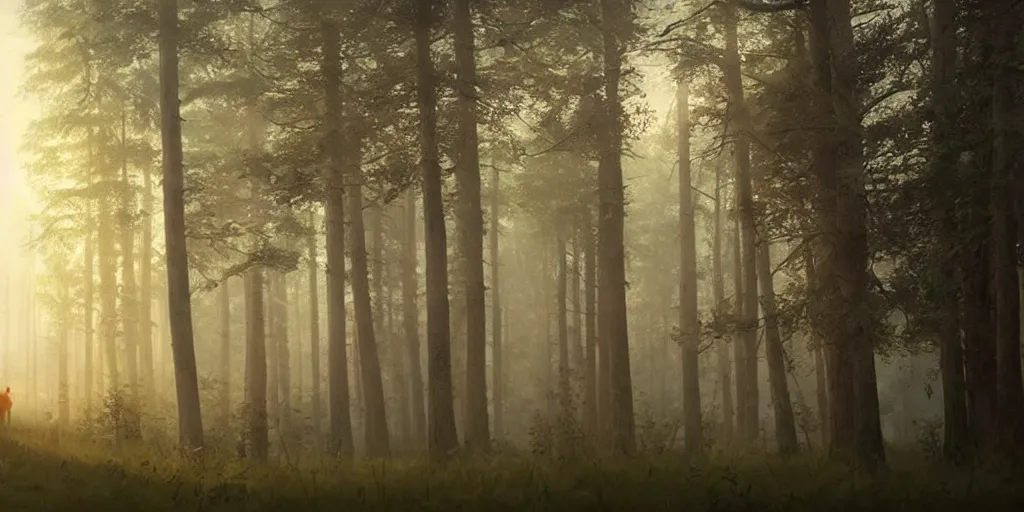 Image similar to swedish forest, dawn, hazy, fog, golden hour, sunlight, beautiful!!!!!!!!!, greg rutkowski, cinematic, atmospheric