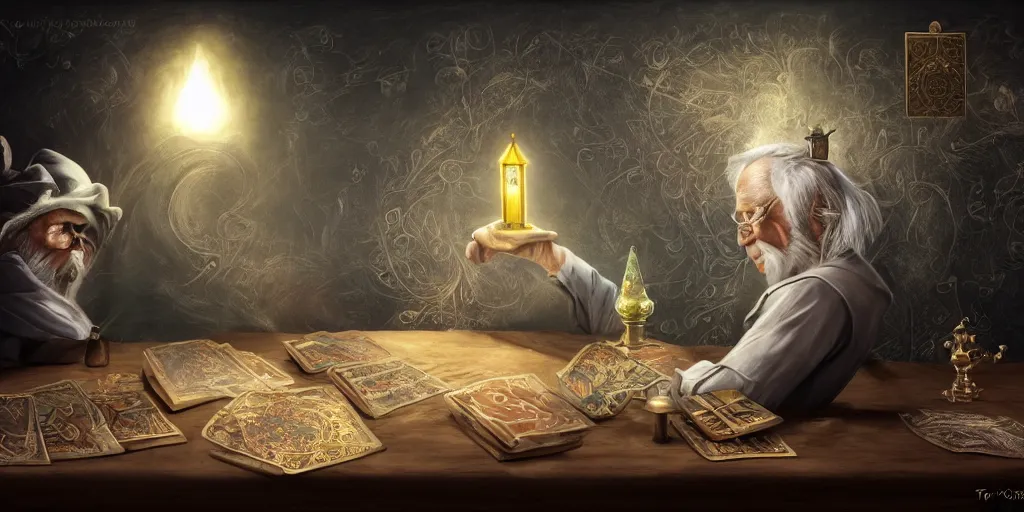 Image similar to wizened aristocrat examining the mysteries of tarot cards on a magical blackboard, background is magical blackboard with chalk,, fantasy art, matte painting, high quality, digital painting, artwork by tony sart