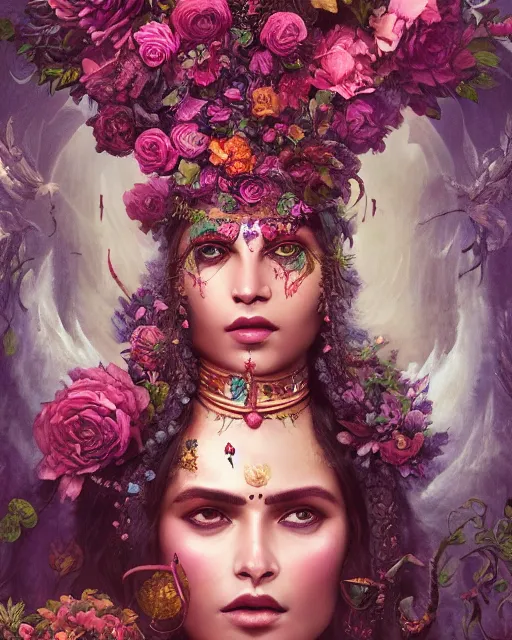 Image similar to portrait of the indian queen of the underworld, surrounded by flowers by karol bak, james jean, tom bagshaw, rococo, sharp focus, trending on artstation, cinematic lighting, hyper realism, octane render, 8 k, hyper detailed.