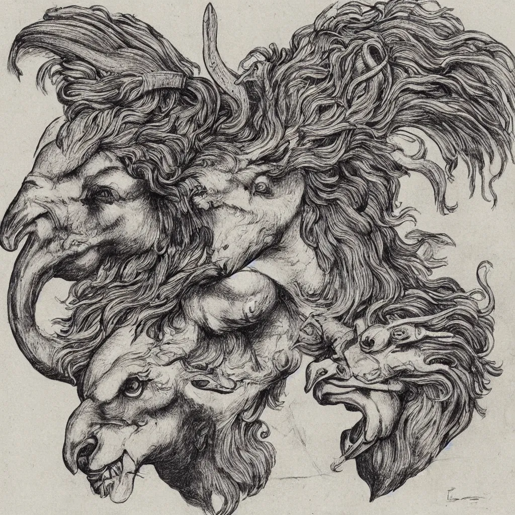 Image similar to human / eagle / lion / ox hybrid with two horns, one beak, mane and human body. drawn by da vinci