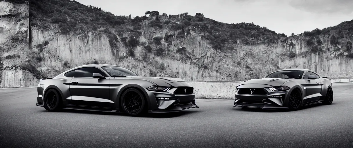 Prompt: a car and driver magazine photo shot on swiss roads, a dark silver 2020 Mustang heavily modified and customized as a performance tune street racing, black rims, samurai vinyl wrap, cinematic lighting, art station, volumetric light, low angle camera, redshift render, octane render, art station