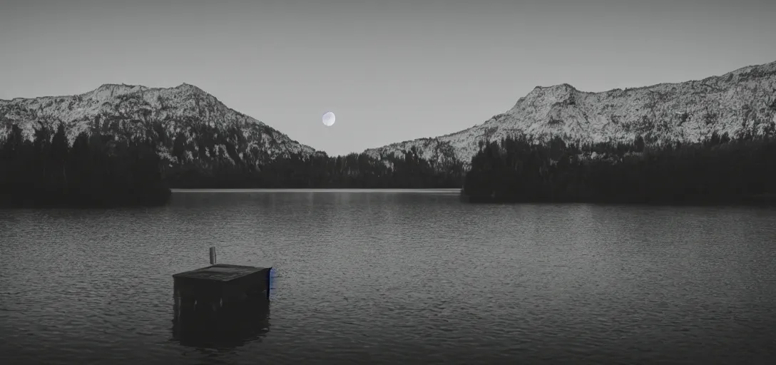 Prompt: lake in a totally dark place with a moon