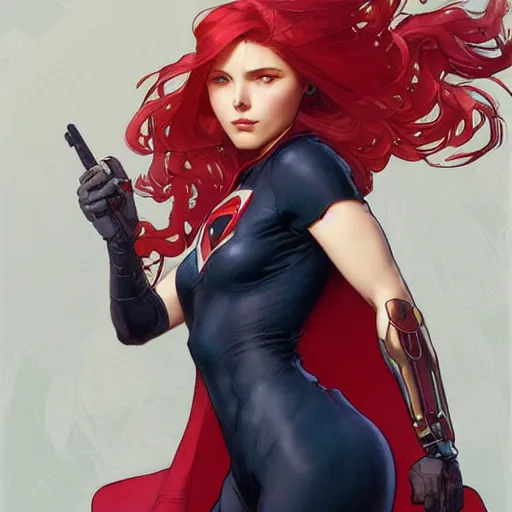 Image similar to a cool red - bun - haired girl. she is dressed as a superhero. clean elegant painting, beautiful detailed face. by artgerm and greg rutkowski and alphonse mucha