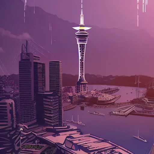 Image similar to auckland city and sky tower and harbor bride solarpunk, dynamic lighting, cinematic composition, artstation, ayan nag, marcin rubinkowski, adrien girod