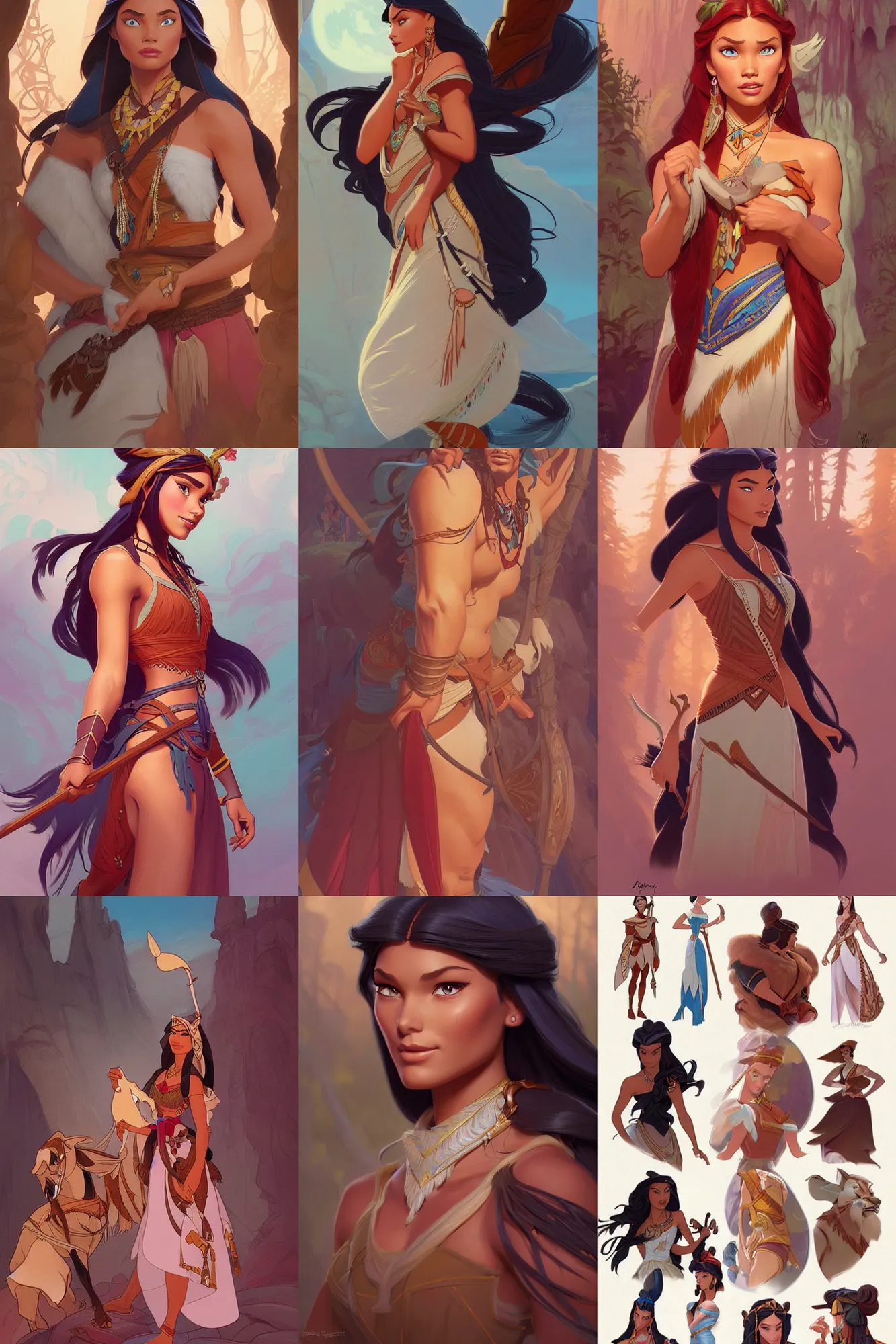 Prompt: fashion and character design spot illustrations from disney's pocahontas combined with hercules, d & d, fantasy, intricate, elegant, highly detailed, digital painting, artstation, concept art, matte, sharp focus, illustration, hearthstone, art by artgerm and greg rutkowski and alphonse mucha