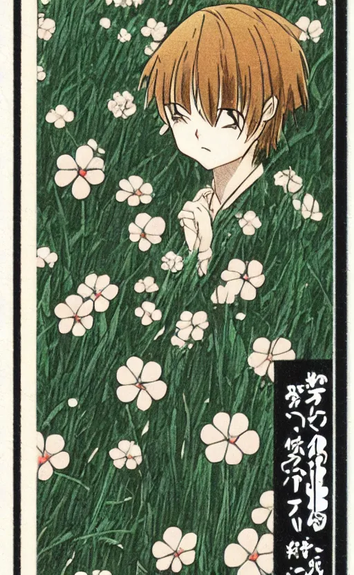 Prompt: by akio watanabe, manga art, clover trasported by the wind downhill, trading card front