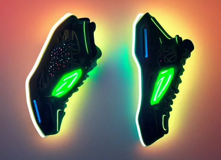 Image similar to futuristic generative design sneakers with neon lights in the style of cyberdog, product shot, dynamic lighting