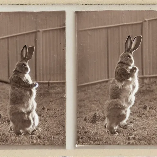 Prompt: a rabbit sitting then jumping up over a fence, film strip reel showing 9 frames