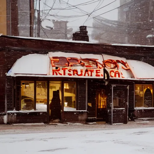 Image similar to a run down restaurant on a snowy street in the american rust belt, sharp, detailed