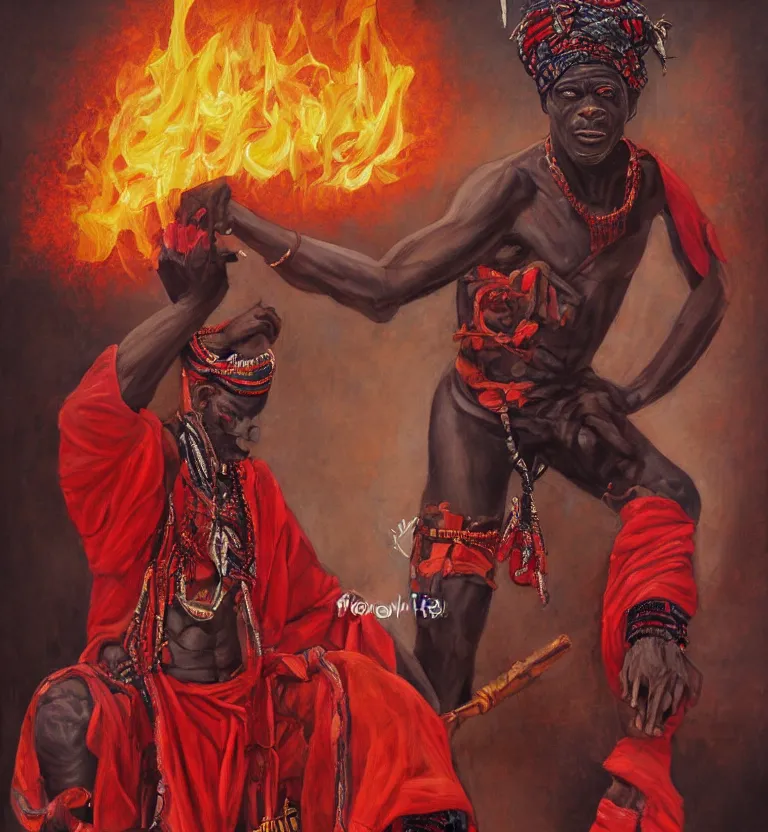 Image similar to a realistic painting of the yoruba god of the streets and paths, orisha esu, wearing red and black clothes with fire in his right hand, digital art, detailed.