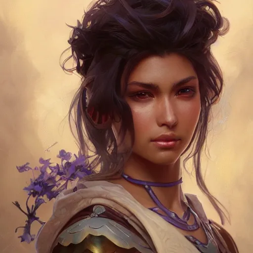 Image similar to beautiful, strong, mixed race, female, face, head shot, fantasy, highly detailed, digital painting, artstation, concept art, smooth, sharp focus, illustration, art by artgerm and greg rutkowski and alphonse mucha