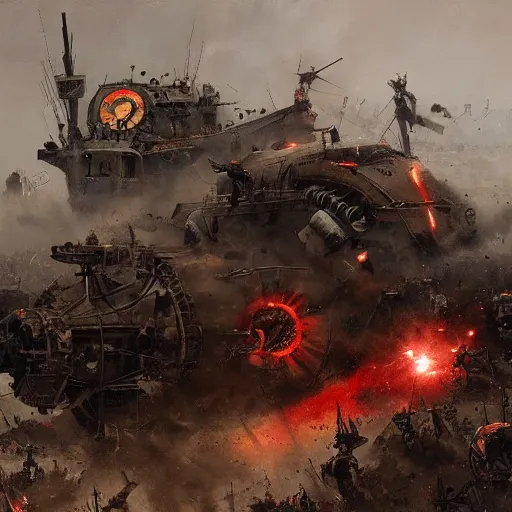 Prompt: gitantic steampunk war machine, war scene, explosions, jakub rozalski