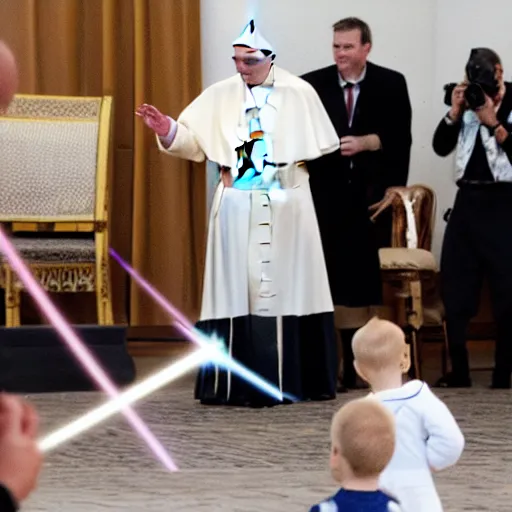 Prompt: pope shooting laser beams at children