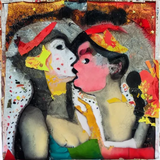 Prompt: two women kissing at a carnival in autumn, mixed media collage, retro, paper collage, magazine collage, acrylic paint splatters, bauhaus, claymation, layered paper art, sapphic visual poetry expressing the utmost of desires by jackson pollock