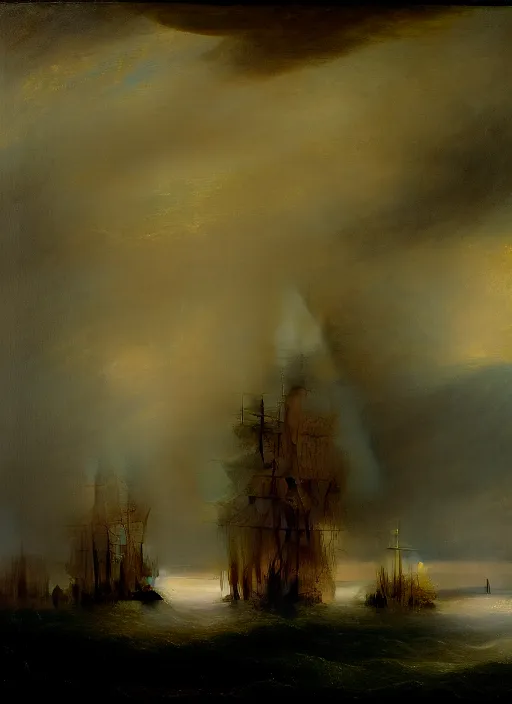 Prompt: an extremely detailed masterpiece of the sailing vessel bonhomme richard with canons discharging in early evening, in the style of j. m. w turner, epic scene, extremely moody lighting, glowing light and shadow, atmospheric, shadowy, cinematic, 4 k