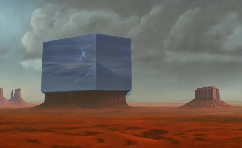 Prompt: hyperrealist painting of an giant cube from independence day ( 1 9 9 6 ) in monument valley stonehenge. 1 9 7 0 s science fiction, moody, misty, depth perception, 4 k, artstation, in the style of studio ghibli