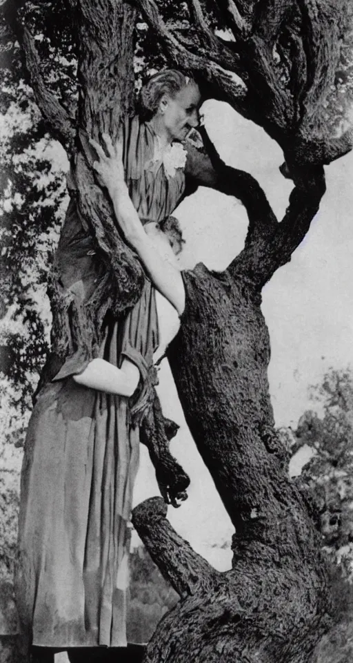 Image similar to Marie Curie hugging a tree by Salvador Dalí