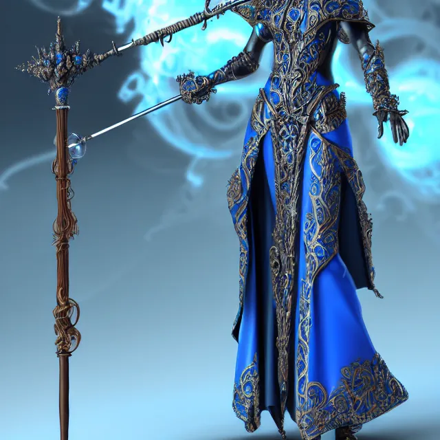 Image similar to elemental water witch in ornate blue robes and staff, highly detailed, 8 k, hdr,, clayton crain