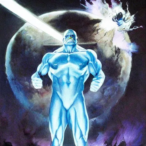 Image similar to painting by Frank Frazetta of Christian Bale as Dr. Manhattan in Watchmen