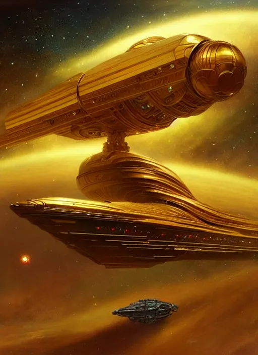 Image similar to Giant golden space cruiser in space , diffuse lighting, fantasy, intricate, elegant, highly detailed, lifelike, photorealistic, digital painting, artstation, illustration, concept art, smooth, sharp focus, art by John Collier and Albert Aublet and Krenz Cushart and Artem Demura and Alphonse Mucha