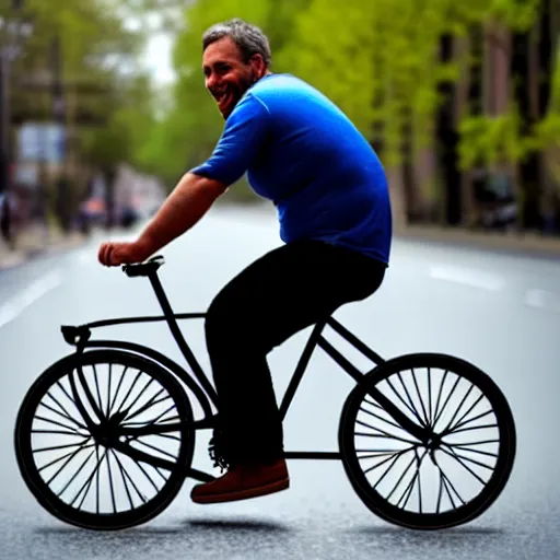 Image similar to Man riding a comically tiny bicycle