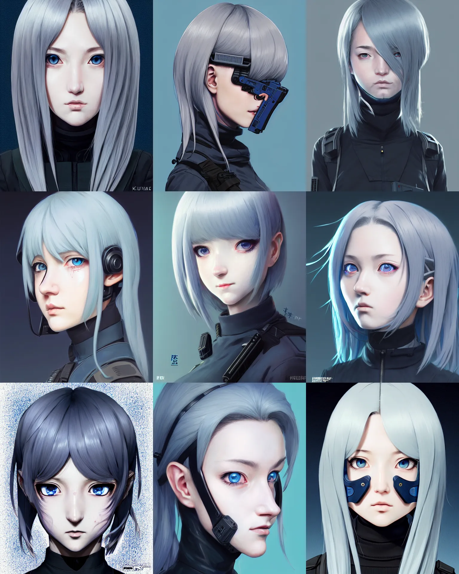 Prompt: profile of girl wearing scifi tactical mask, grey hair, blue eye. anime, symmetry face, fine details. girls frontline, an 9 4, ak 1 2, realistic shaded lighting, by ilya kuvshinov, kidmo, trending on artstation, magali villeneuve, artgerm, jeremy lipkin, caidychen, tomoyuki yamasaki