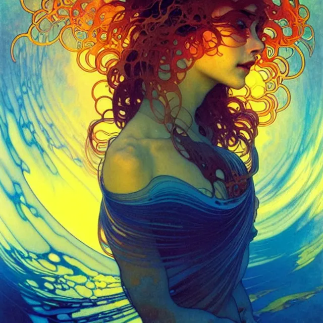 Image similar to mind bending indigo waves of glossy psychedelic liquid honey flowing like kaleidoscopic translucent amber, lsd waves, honey ripples, dramatic professional sunset, refracted lighting, art by collier, albert aublet, krenz cushart, artem demura, alphonse mucha