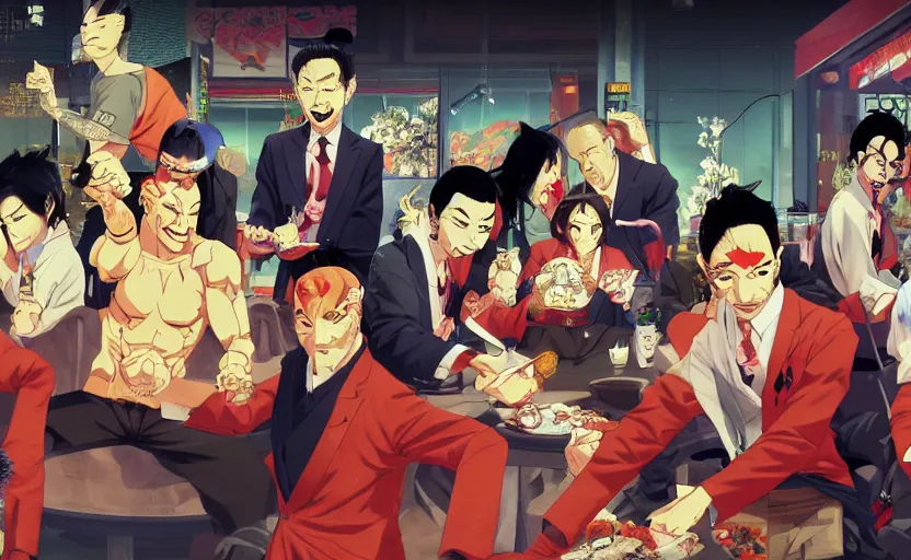 Prompt: a gang of yakuza eating sushi, digital painting masterpiece, advanced lighting technology, stylized yet realistic anatomy and face, gorgeous, by reiq and jamie hewlett and bengus and akiman and shigenori soejima and bastien vives and balak and michael sanlaville, 4 k wallpaper, cinematic, gorgeous brush strokes