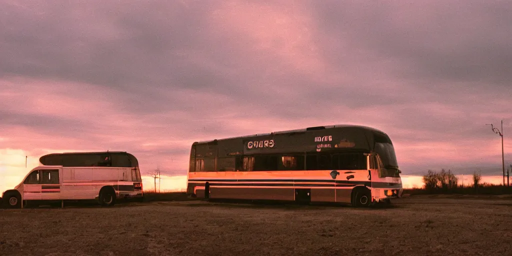 Image similar to exterior of a greyhound bus in the middle of nowhere, sunset, eerie vibe, leica, 2 4 mm lens, cinematic screenshot from the 2 0 0 1 film directed by charlie kaufman, kodak color film stock, f / 2 2, 2 4 mm wide angle anamorphic