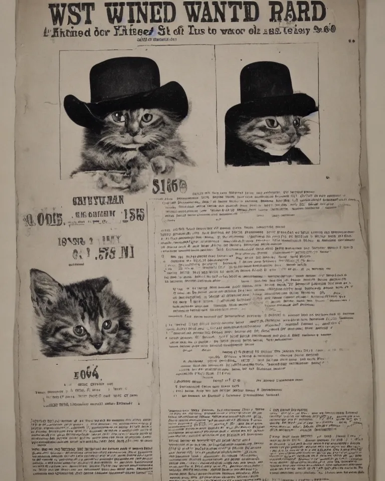 Prompt: 1865 wanted poster Wanted $1000 Reward kitten in cowboy hat Billy the Kit