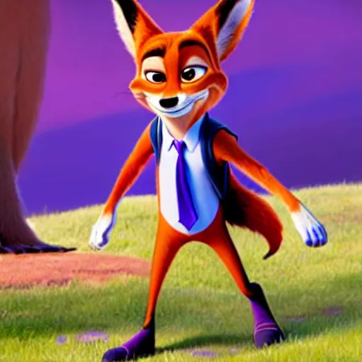 Image similar to Nick Wilde (from Zootopia) wearing a purple uniform