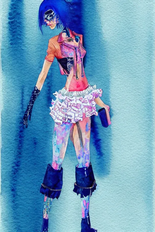 Prompt: watercolor fashion illustration woman cyberpunk standing wearing frilly top and blue jeans