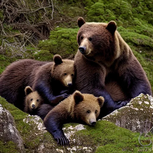 Image similar to a mother bear and her cubs sleeping in a dark cave