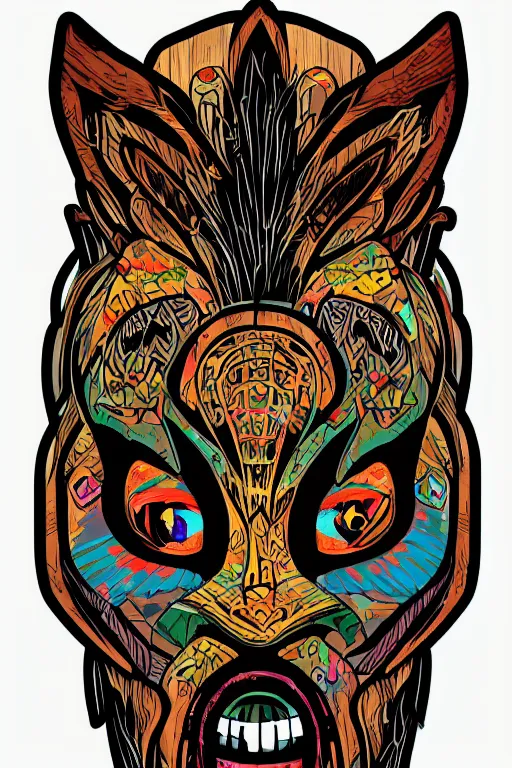 Image similar to animal mask totem roots flower tribal feather gemstone plant wood rock shaman vodoo video game vector cutout illustration vivid multicolor borderlands comics by josan gonzales and dan mumford radiating a glowing aura