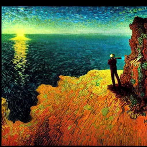 Image similar to A man climbs a cliff while coding A.I. on a laptop - award-winning digital artwork by Salvador Dali, Beksiński, Van Gogh and Monet. Stunning lighting