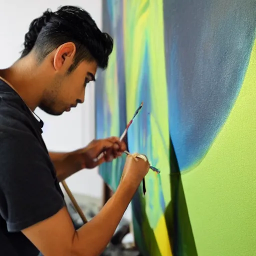 Image similar to A young male Latino artist painting a plain green picture on canvas