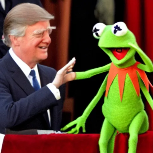 Image similar to Kermit the Frog being sworn in as President of the United States