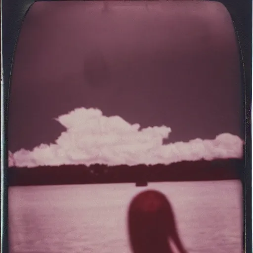 Image similar to an aged polaroid photo of a young woman seen from behind, a gigantic alien monster looms in the distance, detailed clouds, warm azure and red tones, film grain, color bleed