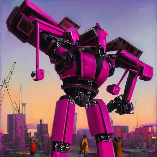 Prompt: a black girls building a giant pink mecha robot out of junk in the cyberpunk ghetto by justin bua, oil on canvas, 8k