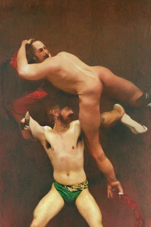 Image similar to body portrait of ryan gosling posing as a wrestler, colour painting by norman rockwell, guidi prime background by carl spitzweg