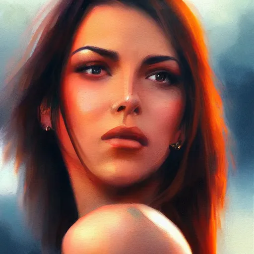 Image similar to a closeup portrait of a young monica belucci, dramatic light, city background, sunset, high contrast, sharp, painted by stanley lau, painted by greg rutkowski, painted by stanley artgerm, digital art, trending on artstation