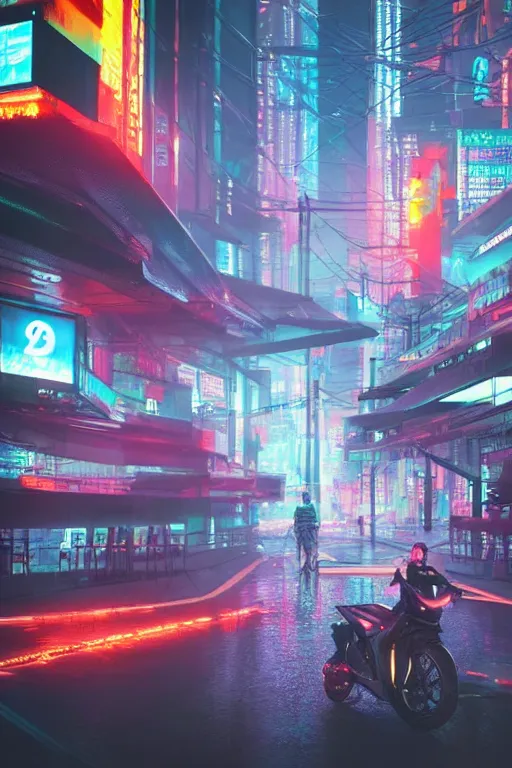 Image similar to Futuristic Asian city at night with rain, Cyberpunk style, Motorcycle, Neon lights, Matte paiting, cinematic lighting, corona render, smoke, light rays, 8k